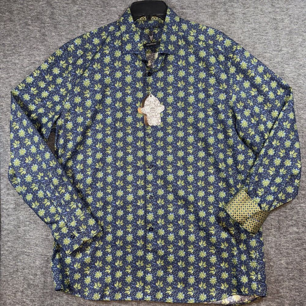 Men's Visconti Black  Floral Button-Down Shirt in Navy and Lime